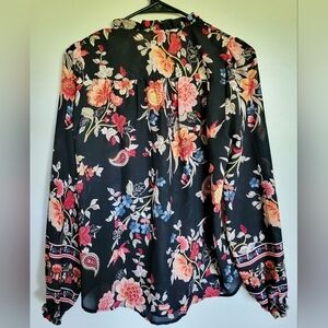 Loft Black Floral Paisley Long Sleeve Smock Detail Blouse Size XS